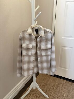H&M Neutral Plaid Button-Up Shirt Jacket